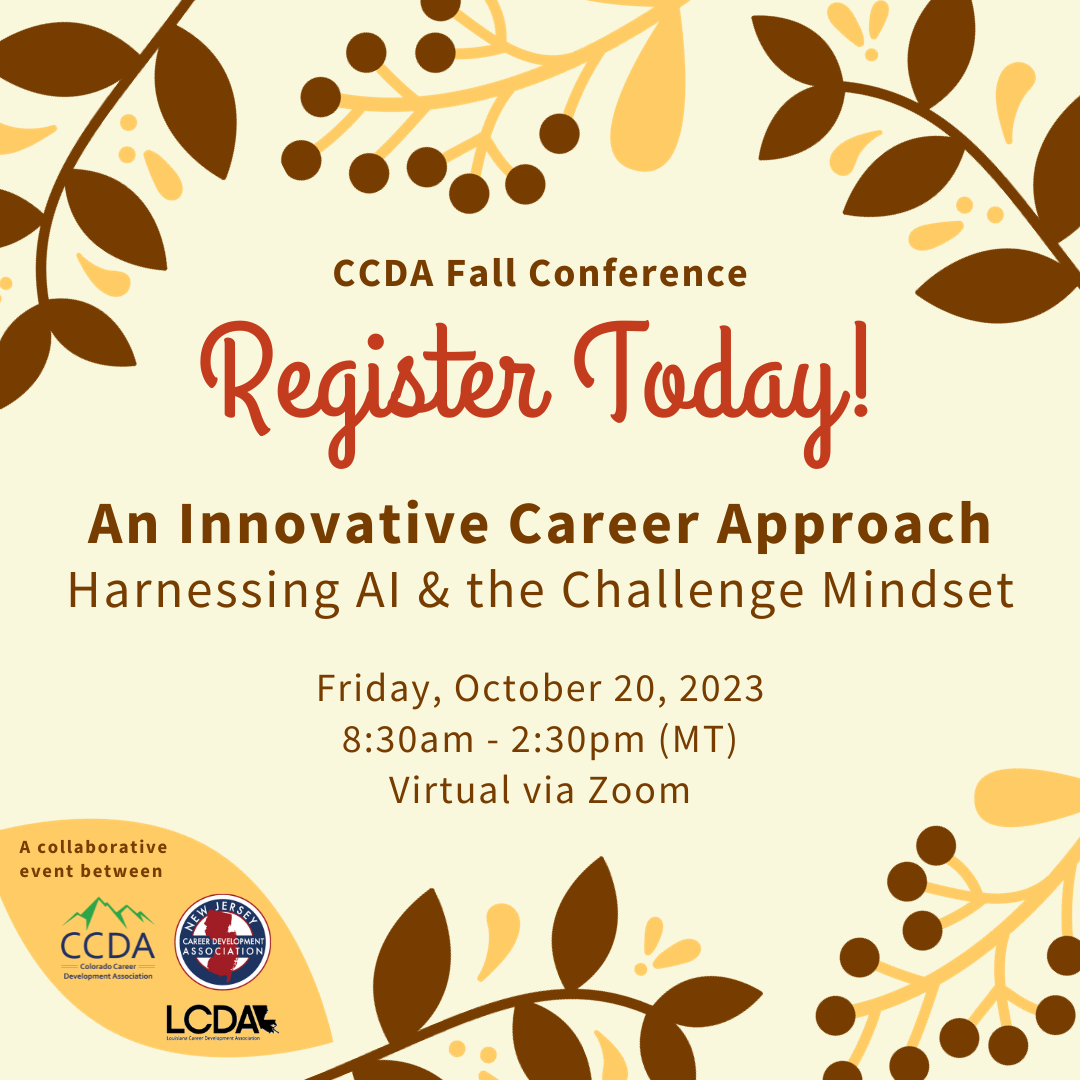 Invitation to CCDA's Fall 2023 Conference. Fall foliage frames event details for this collaborative, virtual event, occurring on Friday, October 20, 2023 over Zoom. Register today!